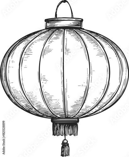 Chinese lantern sketch, hand drawn round paper lantern with tassel and handle. Vector illustration