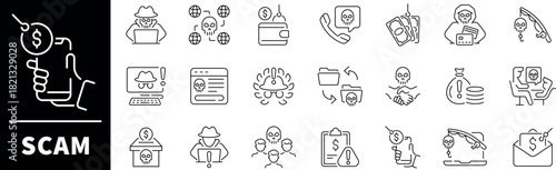 Scam vector icons. Thin line icons collection related to Scam. Scam and fraud linear icon collection.