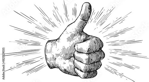 Thumbs up hand sketch, hand drawn style with radiating lines for approval gesture. Vector illustration
