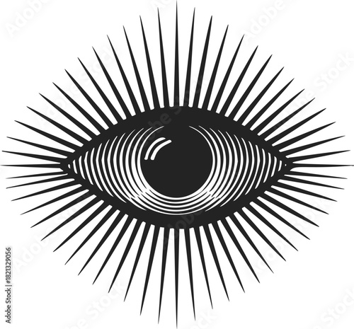 All-seeing eye sketch, hand drawn style with radiating lines and bold graphic detail. Vector illustration