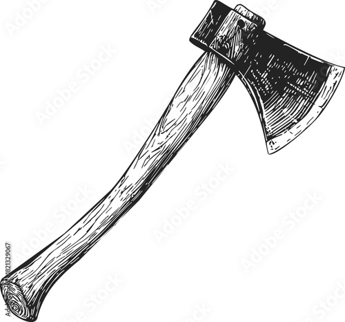Axe sketch, hand drawn rustic hatchet with wooden handle and detailed blade. Vector illustration