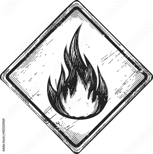 Fire hazard sign sketch, hand drawn flame symbol in diamond warning frame. Vector illustration