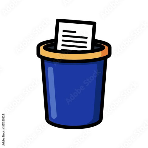 Blue trash can with paper inside.