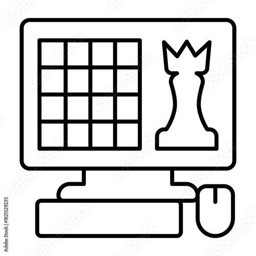 Computer with game app thin line icon, online chess concept. Vector graphics. Gaming sign on white background, style icon mobile or web design.