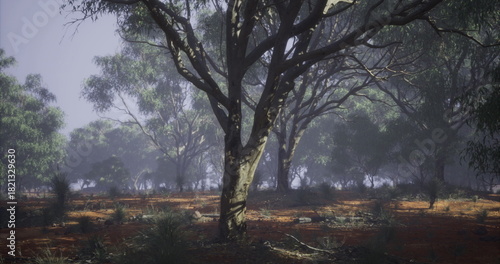 Misty atmosphere envelops a serene forest with tall trees and scattered underbrush at dawn. Soft light creates a peaceful countryside setting filled with natures beauty.