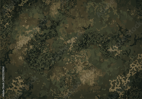 Digital camouflage pattern with a mix of greens, browns, and blacks, ideal for outdoor and military applications