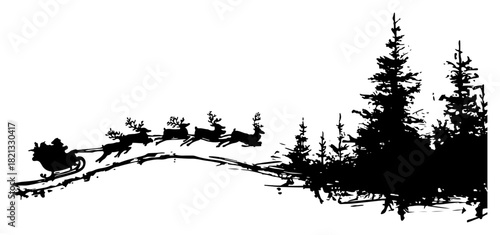 Flying Santa Claus sleigh with reindeer approaching pine trees vector illustration sketch style winter background