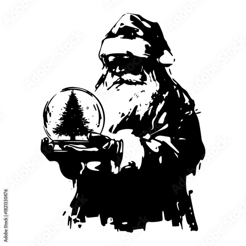 Santa Claus holding snow globe with fir tree inside grunge vector illustration sketch style black and white portrait