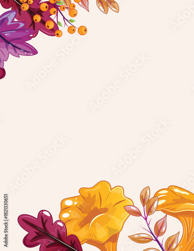 Fall flowers and leaves vector frame, bright seasonal illustration, yellow blossoms, purple leaves, orange berries decor