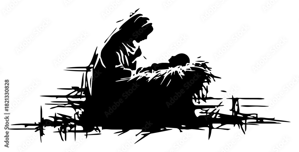 Fototapeta premium Hand drawn vector illustration of virgin mary and baby jesus in a manger for christmas nativity scene in black silhouette grunge doodle style