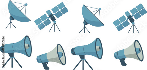 Communication device cartoon vector set, satellite dishes, antenna arrays, megaphones, signal icons, flat illustration, side view, tech concept