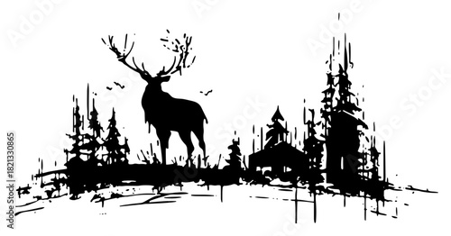 Wild deer stag with big antlers standing in winter forest landscape grunge vector illustration sketch style