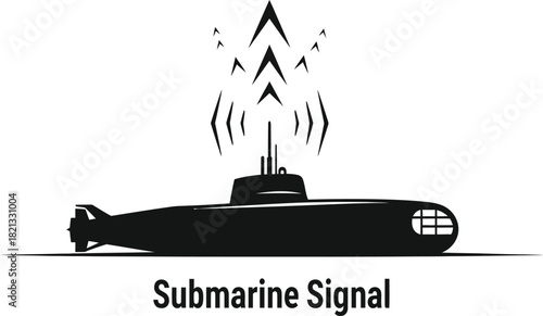Submarine sending signal black and white vector illustration
