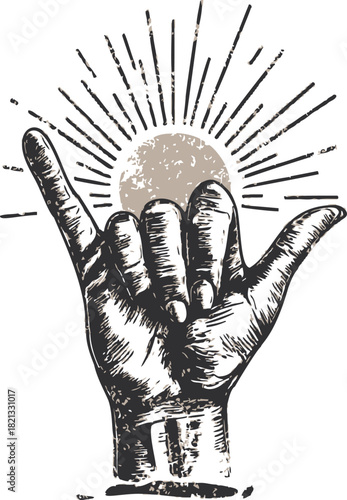 Shaka hand sign sketch with sunburst rays in vintage hand drawn style. Vector illustration