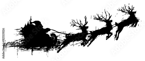Santa claus riding sleigh pulled by flying reindeer team silhouette grunge black ink vector illustration