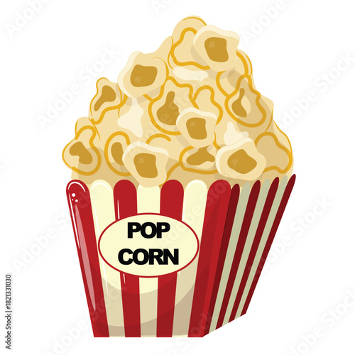 Striped popcorn container, vector illustration, pop corn, cinema snack, red white stripes, fun movie treat