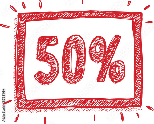 50 percent discount hand drawn sketch in red with bold outlined numbers. Vector illustration