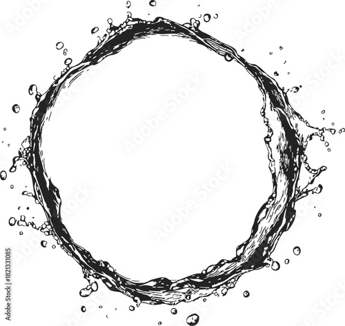Water splash circle sketch, hand drawn round liquid splash with droplets. Vector illustration