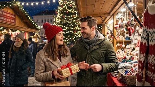 Cheerful couple holding a wrapped gift and shopping bag, pointing and sharing a joyful moment at an outdoor christmas market with festive lights and falling snow during evening holidays