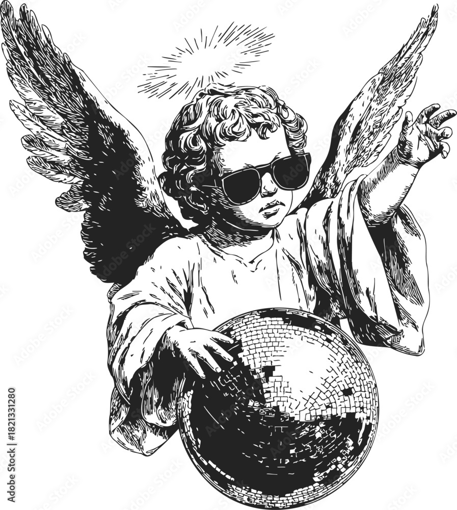 Obraz premium Angel wearing sunglasses holding disco ball, sketch hand drawn style, playful modern twist. Vector illustration