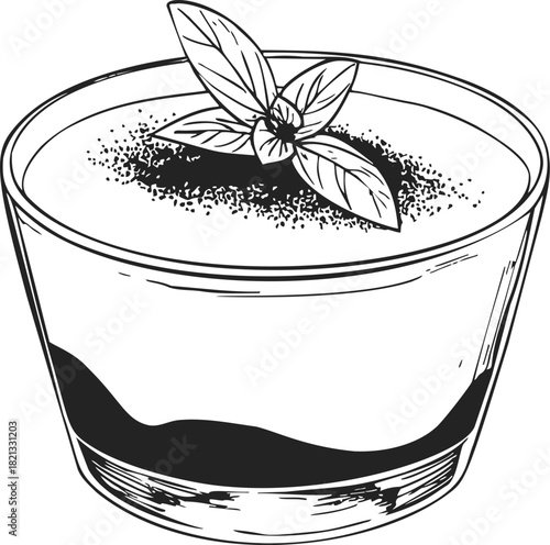 Tiramisu dessert sketch hand drawn in glass with cocoa powder and mint leaves. Vector illustration