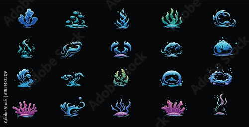 Collection of glowing underwater plants and coral on a black background