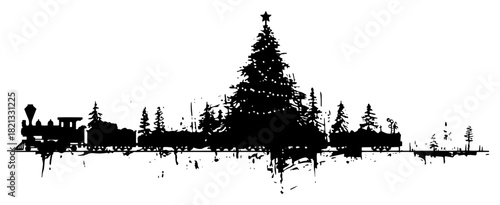 Old steam train traveling through winter forest with big christmas tree grunge silhouette vector illustration sketch style
