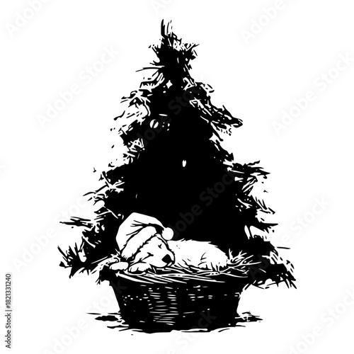 Hand drawn vector illustration of a cute puppy sleeping in a basket under a christmas tree in black silhouette grunge doodle style