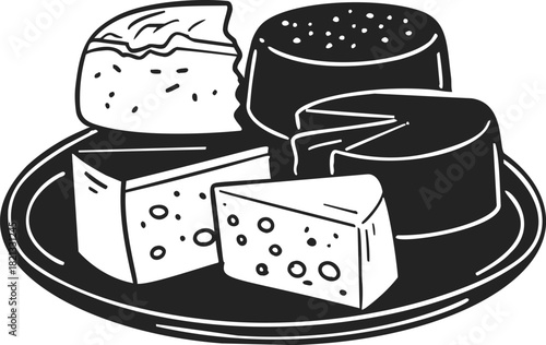 Cheese assortment sketch, hand drawn vector, various cheese wedges and rounds on plate. Vector illustration