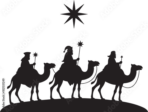 Three wise men on camels traveling under the star of bethlehem