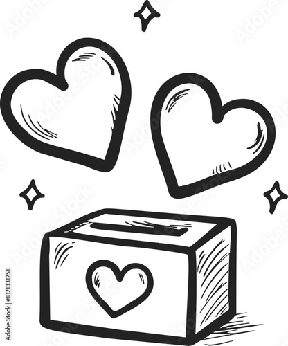 Heart donation box sketch with two floating hearts and sparkles. Vector illustration