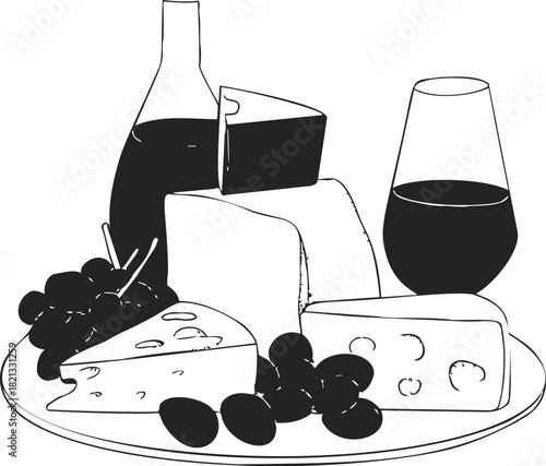 Cheese platter sketch with wine bottle, glass, grapes, and assorted cheese. Vector illustration