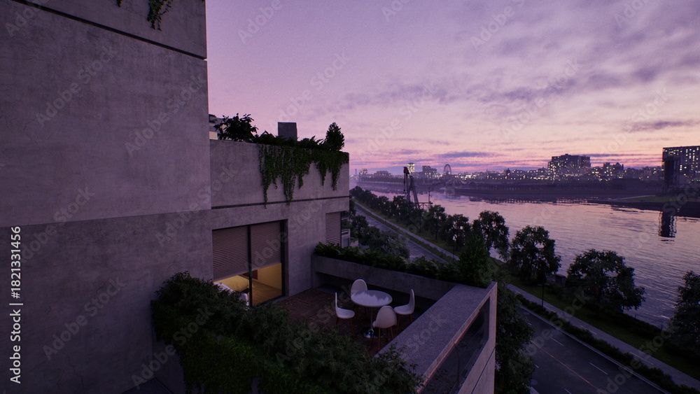 Obraz premium A balcony with a table and chairs positioned to overlook a body of water.