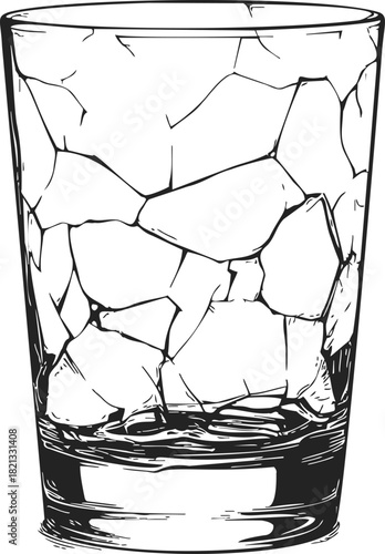Glass tumbler sketch with cracked surface, hand drawn. Vector illustration