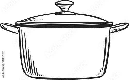 Cooking pot sketch hand drawn with lid and handles. Vector illustration