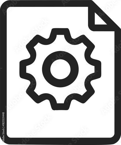 Settings document icon, sketch style, hand drawn gear symbol on paper sheet. Vector illustration
