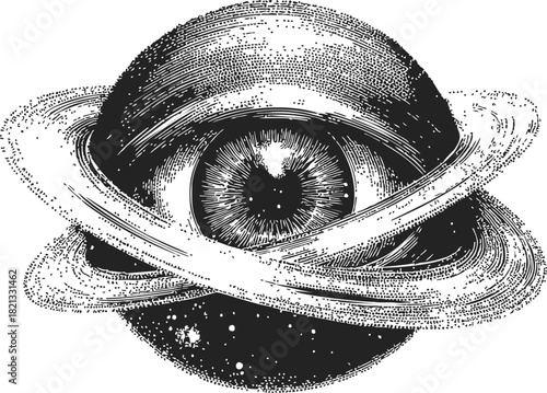 Eye planet sketch, hand drawn surreal eye with planetary rings and star details. Vector illustration