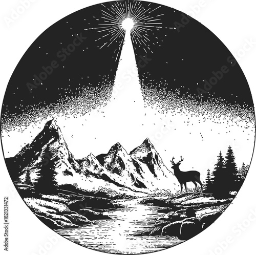 Deer in mountain landscape, sketch hand drawn style, night sky with radiant star. Vector illustration