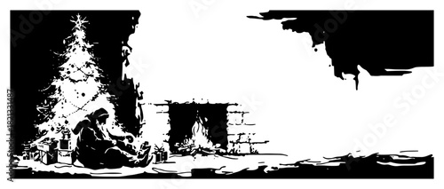 Panoramic christmas living room interior with decorated tree fireplace and sitting figure grunge black ink vector illustration