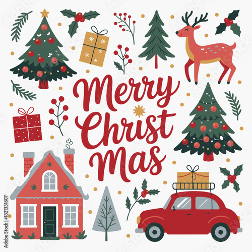 Whimsical Hand-Drawn Christmas Illustration with Trees, Gifts, and a Reindeer.