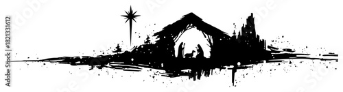 Hand drawn vector banner depicting the christmas nativity scene with the holy family and star in black silhouette grunge doodle style
