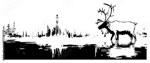 Hand drawn vector landscape banner with a reindeer standing near an abstract forest in black silhouette grunge doodle style