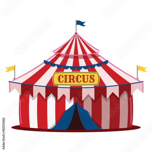 Circus tent with CIRCUS sign, striped red white, carnival festival pavilion, entrance, banners and flags.