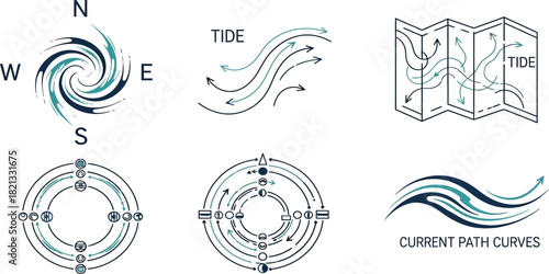 Abstract navigation and location icons with compass map and path designs
