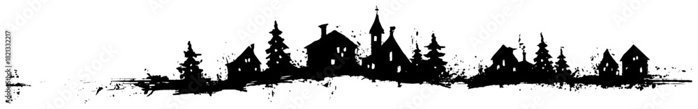 Naklejka premium Panoramic winter village landscape silhouette with houses and church spires grunge black ink vector illustration