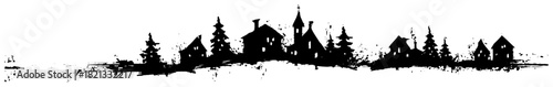 Panoramic winter village landscape silhouette with houses and church spires grunge black ink vector illustration