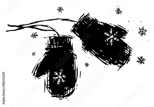 Pair of knitted winter mittens with snowflake pattern connected by string grunge vector illustration sketch style