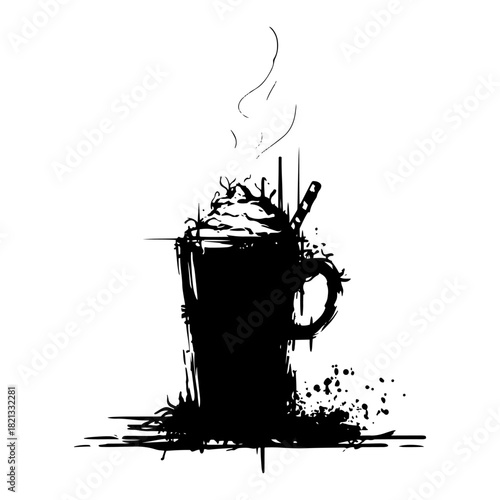 Hot chocolate mug with whipped cream topping and steam rising grunge black ink vector illustration
