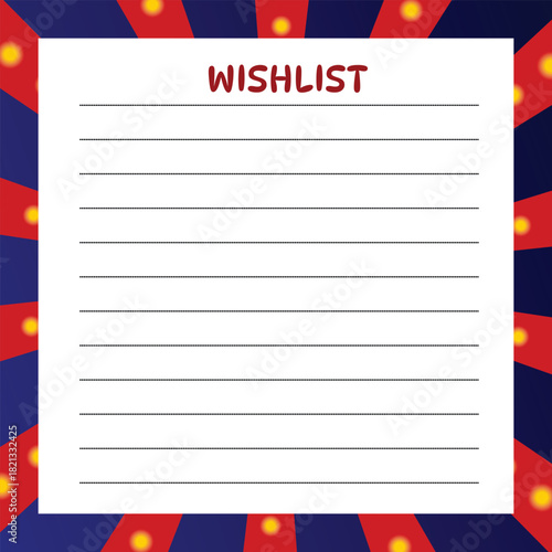 Wishlist page with circus theme, red blue yellow lights, festive note sheet, blank lines for wish items.