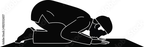 Silhouette of muslim man prostrating in prayer showing religious devotion and submission